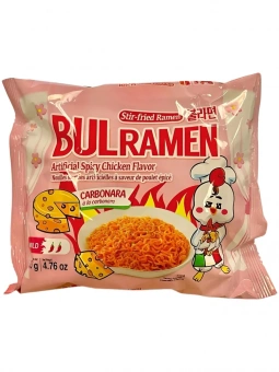 Лапша для варки BULRAMEN КАРБОНАРА СРЕДНЕОСТРАЯ со вкусом сыра (розовая), 137,8г*